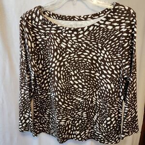 CHICO'S COTTON LONG SLEEVE TOP BROWN WHITE PRINT